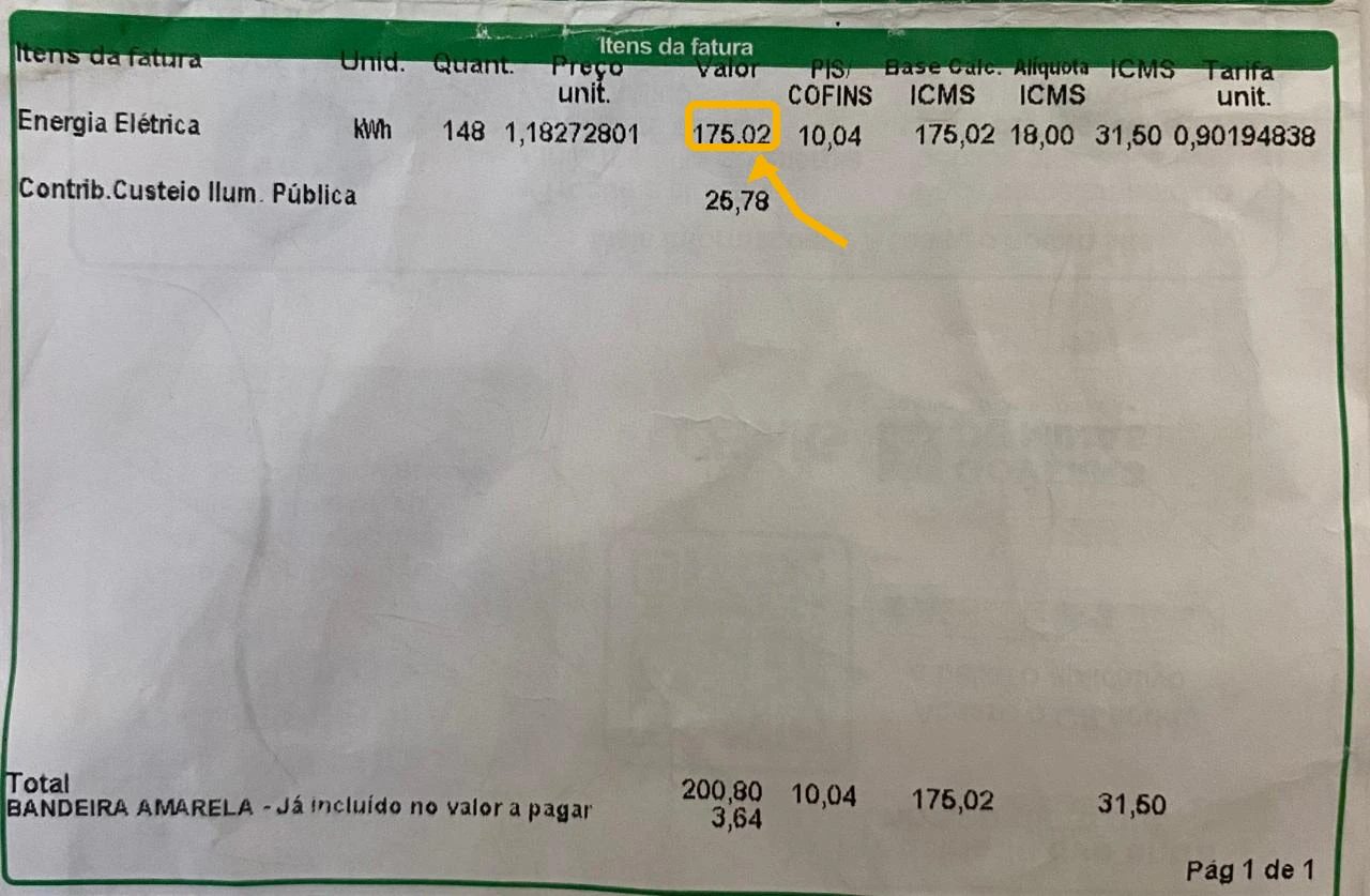 Conta de energia com o valor de Energia Elétrica R$ 175,02 destacado